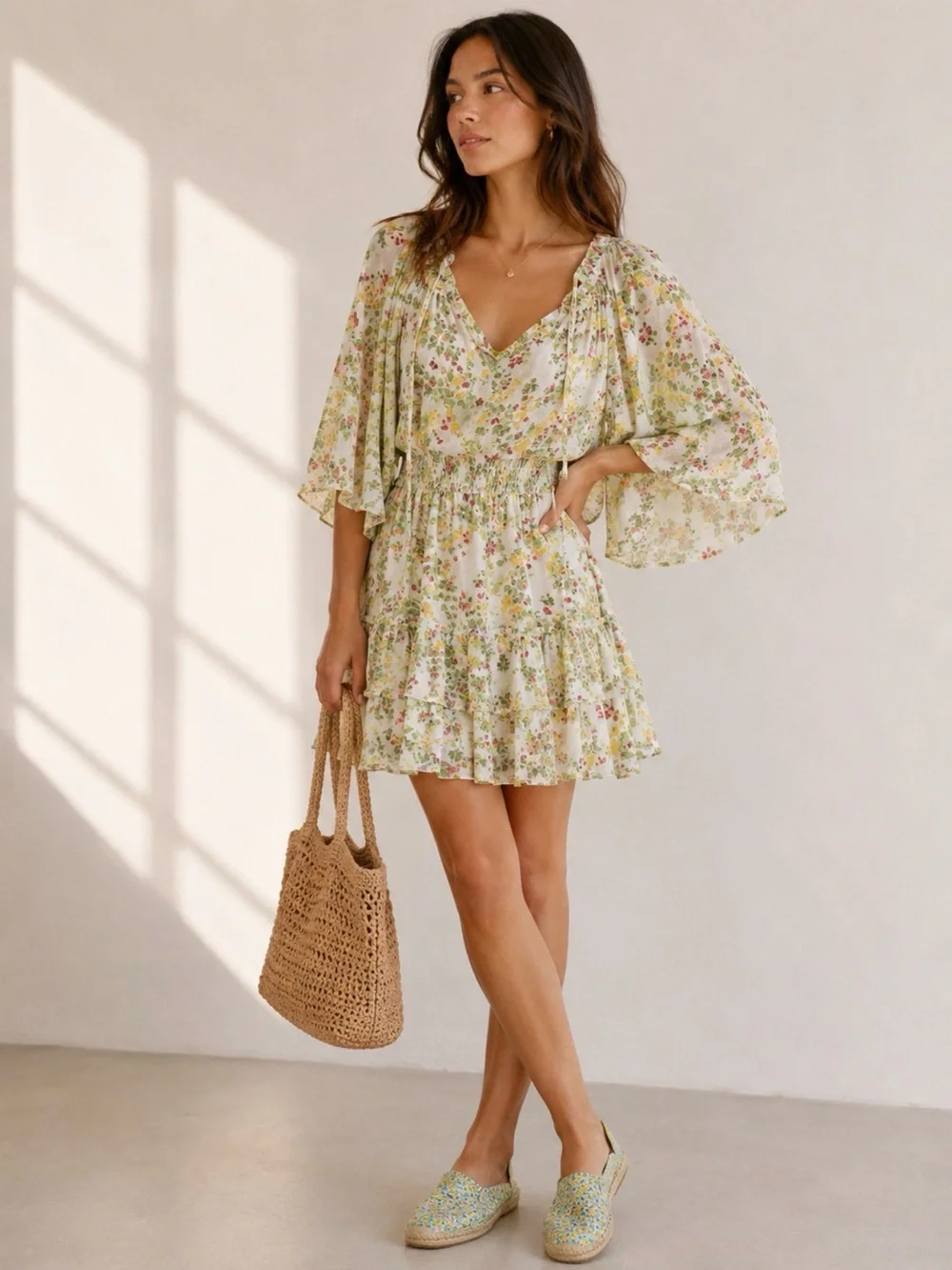 Cactus + Pearl Floral Tiered Dress XXL Boho Cottagecore Ruffle Mini - Picture 1 of 3